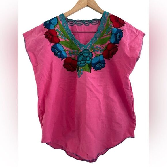 Vintage Mexican Embroidered Blouse handmade Pink floral - Picture 1 of 4